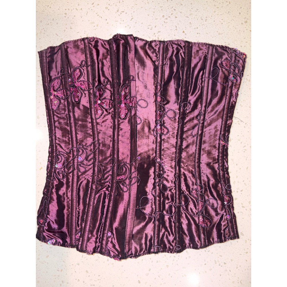 Tesa Purple Embroidered Corset Top Sequin Floral Lace Up Boho Fairy Core 34